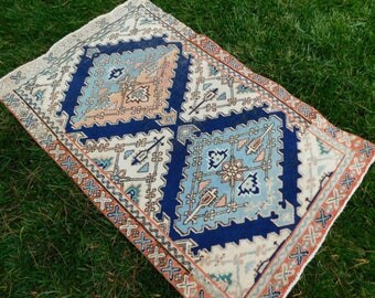 Antique Vintage Persian Rug 3x4 Blue Ivory
