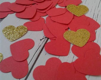Red heart confetti, wedding confetti, wedding toss, paper confetti, gold glitter heart confetti, bridal shower confetti, valentines day.