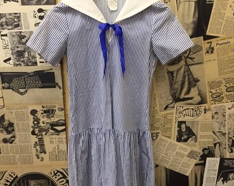 Vintage 1960s Nautical Blue & White Striped Sailor Dress with Pleated Skirt and Ribbon Tie Size 8 - 10