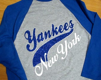 New York Yankees Bling Three Quarter Sleeve Jersey Shirt in SPARKLING GLITTER - Baseball Jersey Style with Royal Blue Three Quarter Sleeves