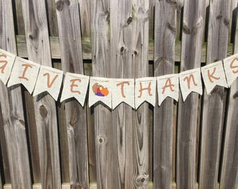 Thanksgiving Banner - Give Thanks Banner - Cornucopia Banner - Fall Decor - Autumn Decor - Burlap Banner