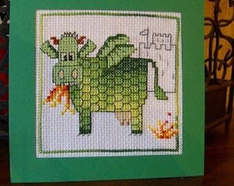 Hand embroidered card: the cow-dragon