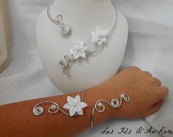 FLEURA set wedding necklace and bracelet made of aluminum and satin