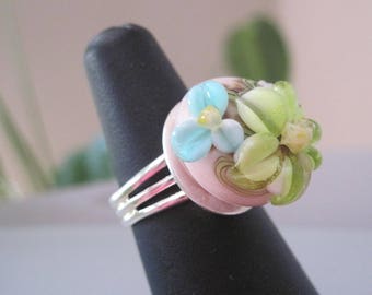 * Silver plated Adjustable ring made with gorgeous PASTEL cabochon