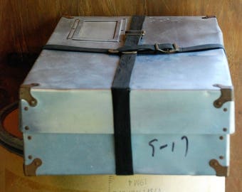 FREE SHIPPING!! - Vintage Aluminum Shipping Box w/Black Canvas Straps - Iron Corners -Industrial Office -Steampunk Storage -Metal Postal Box