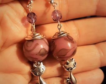 Earrings silver cat and light Pink Pearl