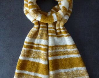 Handmade large trendy yellow saffron/mustard and ivory knit scarf