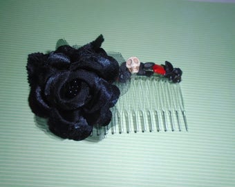 Black Rose beaded hair comb Goth witchy skulls