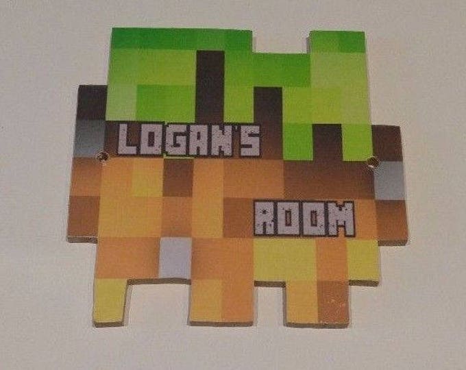Wooden Personalised Minecraft style Name Door Sign Plaque Childs Bedroom