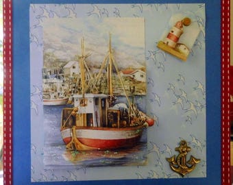 boat fishing birds amid 3D card