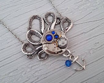 Steampunk Octopus tentacle pendant necklace