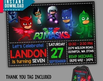 Pj Masks Invitations, Pj Masks Birthday, PJ Masks Party, Editable PDF Template, Instant Download, Editable Invitation, FREE Thank You Tags