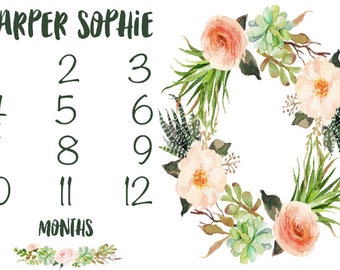 Personalized Baby Milestone Fabric in Succulent and Peach Florals. Calendar First Year Newborn Photo Prop Monthly Newborn Photography Girl