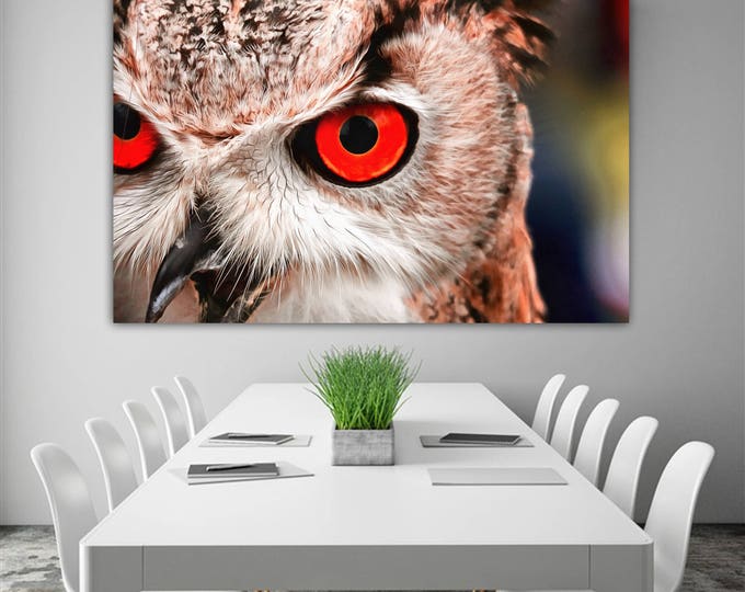 Horned owl with red eyes, animal, cute, canvas, Interior decor, bird canvas, room design, print poster, art picture, gift