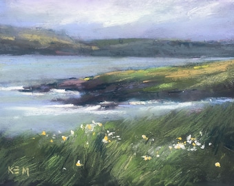 IRELAND Seashore Wildflowers plein air version 2 Landscape Original Pastel Painting Karen Margulis 5x7
