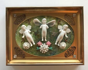 Assemblage 1900s Frozen Charlotte Ferries surrounded by Birds ferries and Flowers by Marie