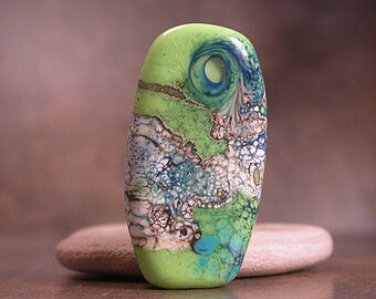 Glass Focal Bead Lampwork Glass Lime Green and Aqua Blues Divine Spark Designs SRA