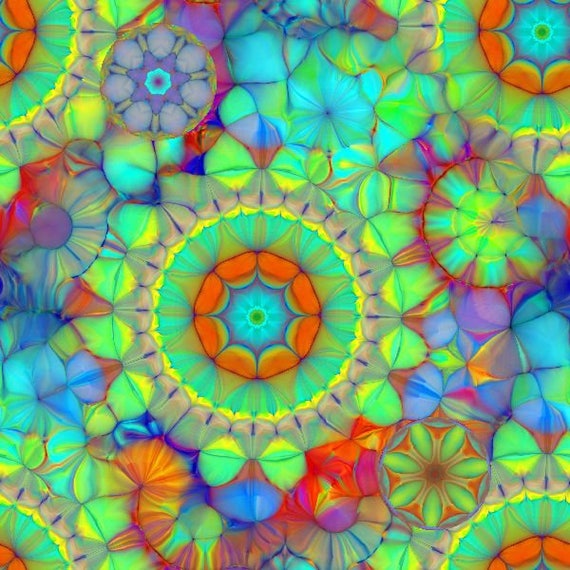 Hand Created Gears Kaleidoscope Green Jersey Cotton Spandex Knit Fabric By The Yard Artist