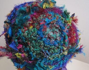 EARLY FALL SALE purple green hat brimmed hat red blue hat sari scrap hat wild hat crocheted hat handmade hat upcycled fabric hat "brash"