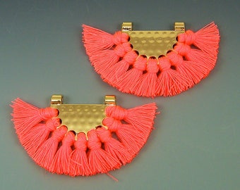 Coral Tassel Earrings Findings Boho Pink Orange Fringe Gold Half Circle Fan Pendant Bohemian Jewelry Supply Chandelier Components |O3-7|2
