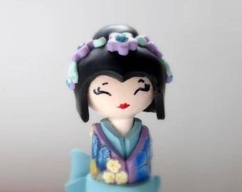 Miniature Doll, Japanese Doll, Pastel Collector piece, Light Blue Turquoise Lavender and Purple Kimono , Handmade Sculpture Doll