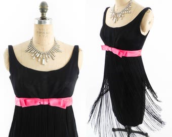 Vintage Fringe Dress // Babydoll Dress // 1970s Dress // 70s Dress // Little Black Dress // Empire Waist Dress - sz S