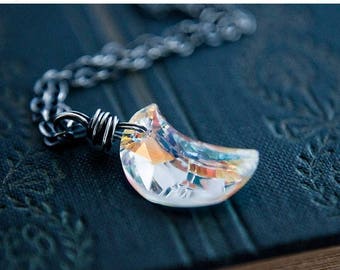 Crescent Moon, Crystal Moon, Moon Necklace, Moon Pendant, Sterling Silver, Crystal Necklace, Crystal Jewelry, Night Sky, PoleStar