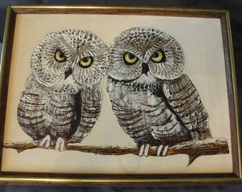 Vintage impasto oil painting of two brown owls 1970s framed