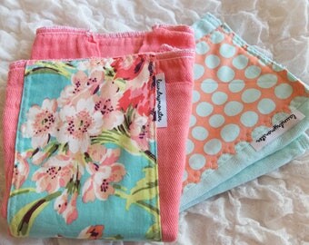 Baby burp cloth set - Floral bouquet aqua dots coral pink hand dyed burp cloth set