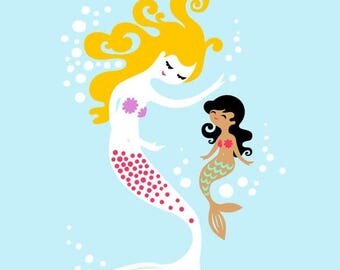 SUMMER SALE 8X10" mermaid mother & daughter giclee print on fine art paper. sky blue, blonde, mocha skin tone.