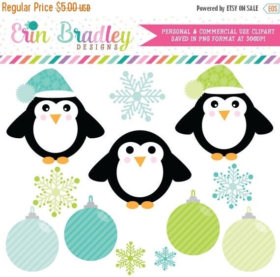 80% OFF SALE Holiday Clipart, Penguin Clip Art Graphics, Ornaments Clipart, Winter Snowflakes Clip Art in Green & Blue Il_570xn