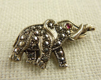 Vintage Sterling Marcasite Rhinestone Elephant Brooch