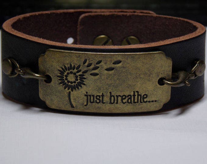 Just Breath- Rustic Leather Bracelet Brown Leather Cuff Sentiment Bracelet Textured Rustic Woodland Bracelet