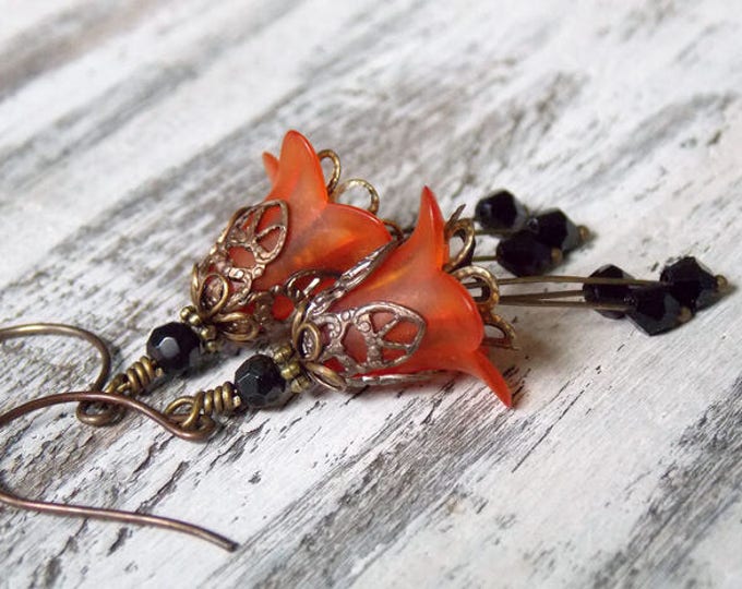 Tulip Flower Orange Black Bell Lucite Flower Earrings Swarovski Crystals Halloween Fall Filigree Brass Czech Glass Light Earrings Gift
