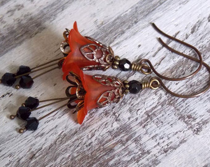 Tulip Flower Orange Black Bell Lucite Flower Earrings Swarovski Crystals Halloween Fall Filigree Brass Czech Glass Light Earrings Gift