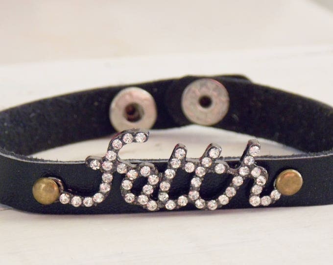 Black Leather Bracelet-Rhinestone Faith Bracelet- Adjustable Leather Bracelet- Faith Christian Jewelry