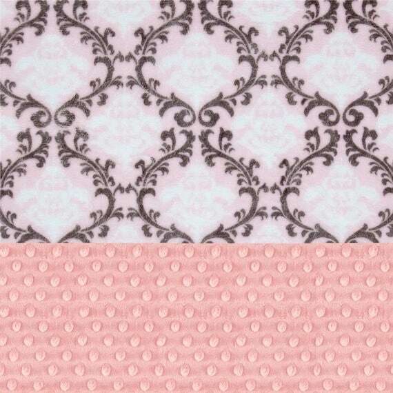 Personalized Baby Blanket Girl - Gray Pink Damask Blanket - Lovey or Tag Blanket / Mini Baby Blanket / Minky Blanket / Baby Shower Gift