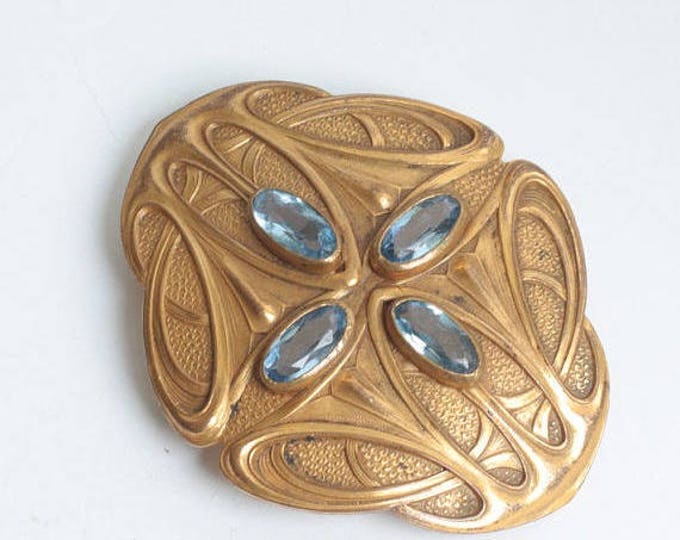 CIJ Sale Art Nouveau Blue Glass Stone Sash Pin Brooch Gold Tone