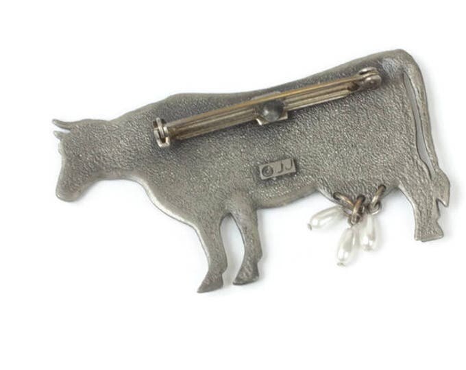 JJ Cow Brooch Pewter Tone Glass Pearl Dangles Book Piece Vintage