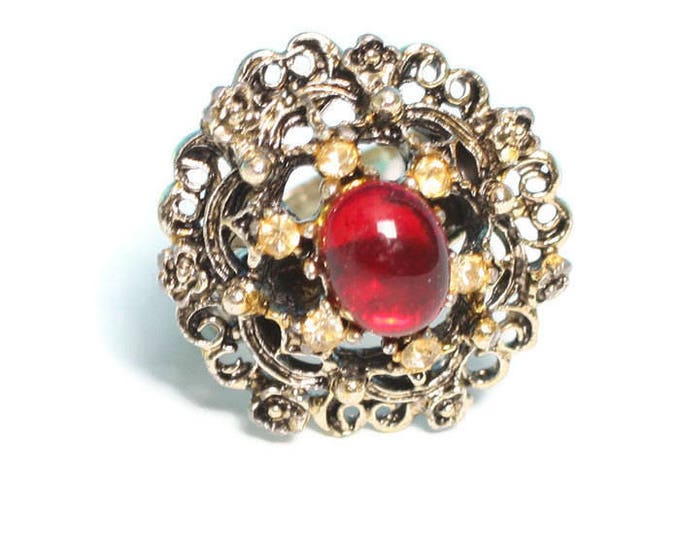 Red Glass Cabochon Ring Yellow Rhinestones Adjustable Vintage