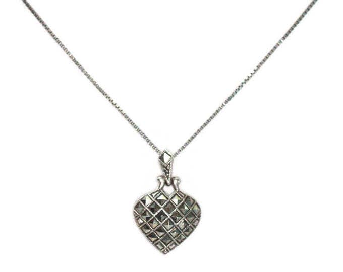 Marcasite Sterling Silver Heart Pendant Necklace Marsala Company 18 Inch Chain Smaller Size