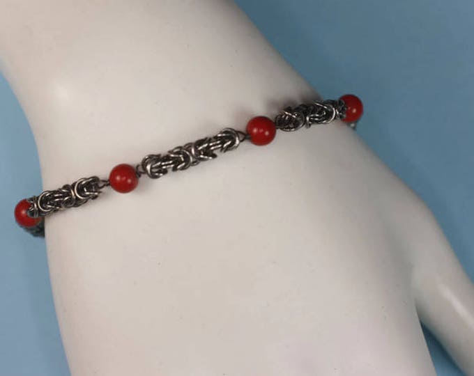 Sterling Silver Byzantine Link Bracelet with Red Beads Signed India Vintage