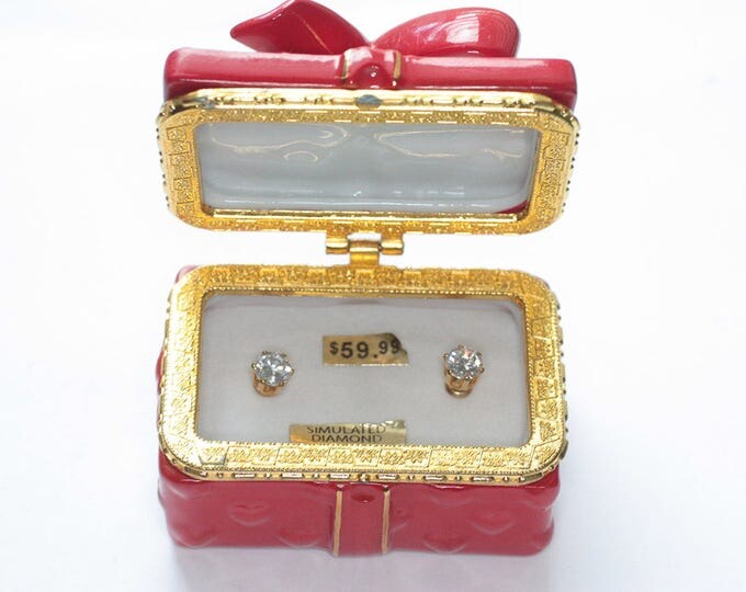 CZ Simulated Diamond Post Earrings with Red Ceramic Trinket Box Bow and Hearts