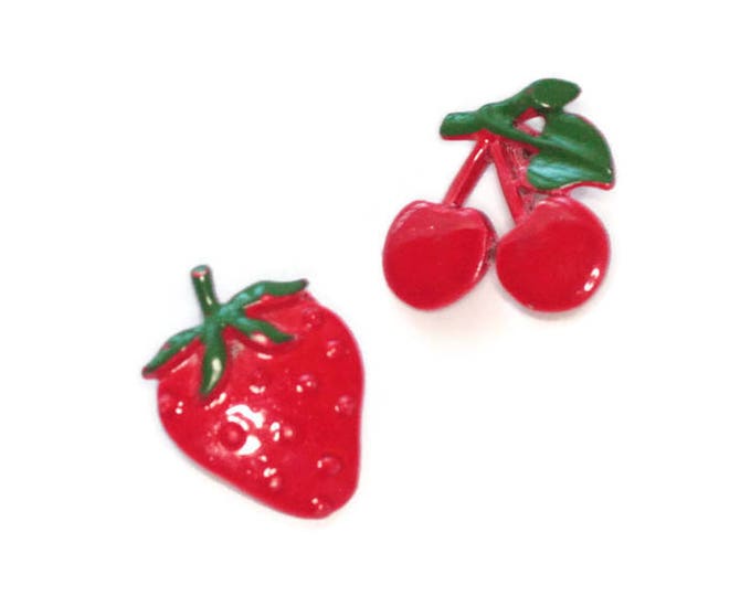 Enameled Red Cherry and Strawberry Scatter Pins Vintage