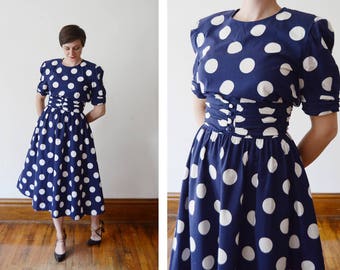 1980s Navy and White Polka Dot Dress - M/L