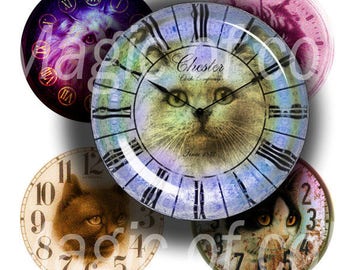 Watches and Cats - 63 1 Inch Circle JPG images - Digital Collage Sheet