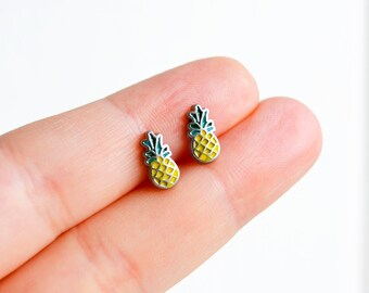 Pineapple Earrings, Tropical Fruit Earrings, Handmade Earrings, Tiny Enamel Studs Kawaii Posts Hipster Trendy Miniature Posts, Gifts for Her