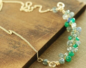 Clustered Gemstone Statement Bar Necklace, Green Blue Blend Gem Layering Necklace in Gold, Aquamarine Sapphire Birthstone Jewelry