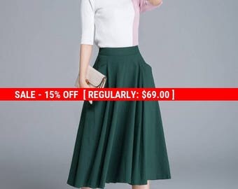 green skirt, linen skirt, pleated skirt, pocket skirt, midi skirt, elastic waist skirt, summer skirt, women's skirt, casual skirt 1687