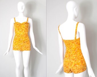 vintage 1950's bathing suit | floral 50s swimsuit | one piece bathing suit | extra-small xs